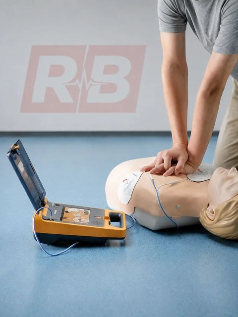 Cursist geeft hartmassage op een reanimatiepop, met een AED ernaast